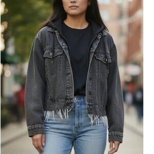 American Eagle Women's Distressed Hooded Denim Jacket - Black